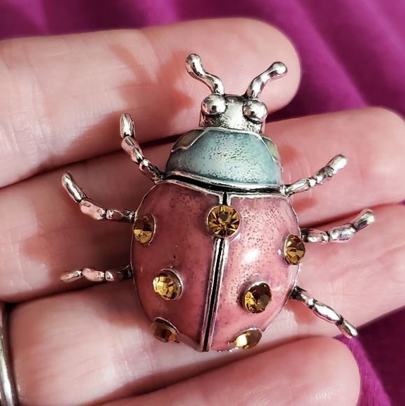 Ladybug dome brooch pin enamel crystals silver sparkly New vtg style - Picture 11 of 15